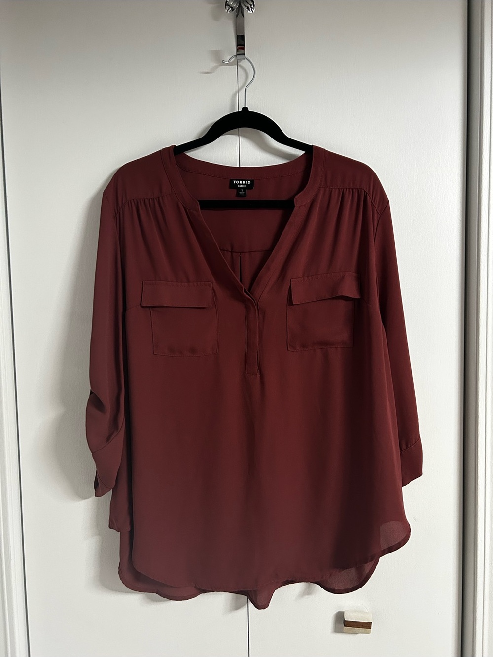 torrid Burgundy Split-Neck Pocket Harper Tunic Blouse